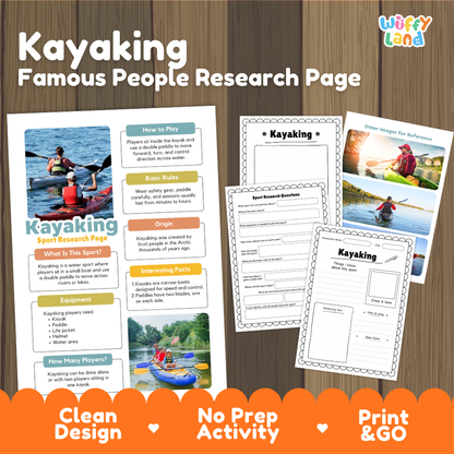A product listing graphic for a 'Kayaking Famous People Research Page' by Wiffly Land. The image shows several printed worksheet pages laid out on a wood-textured background, with promotional text at the top and bottom highlighting features like 'Clean Design', 'No Prep Activity', and 'Print & GO'.