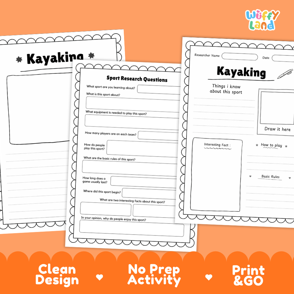 Three printable kayaking activity worksheet pages shown on an orange background, with the brand name Wiffly Land in the top right and marketing text along the bottom reading Clean Design, No Prep Activity, and Print & GO.