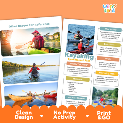 Two printed educational poster designs about kayaking, shown on an orange background with decorative banners. The posters feature multiple outdoor kayaking photos, headings like 'Other Images for Reference,' 'How to Play,' 'Basic Rules,' 'What is this sport?', 'Origin,' and 'Interesting facts,' plus the 'Wiffy Land' logo.
