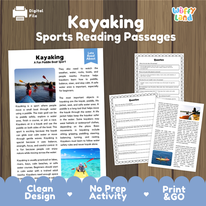 Kayaking Sports Reading Passages and Comprehension Questions Worksheets