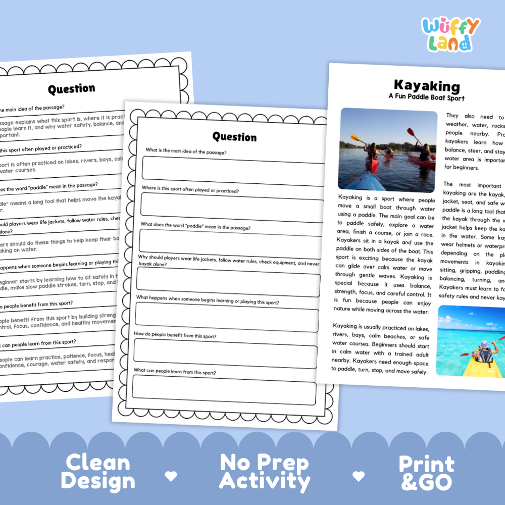 Kayaking Sports Reading Passages and Comprehension Questions Worksheets