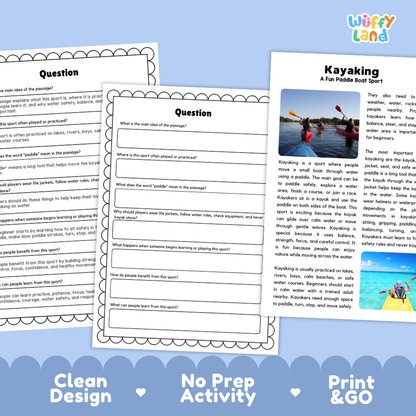 Kayaking Sports Reading Passages and Comprehension Questions Worksheets