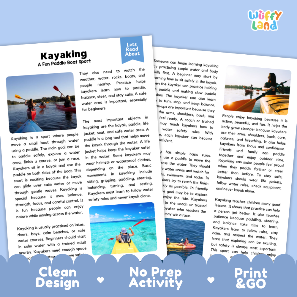 Kayaking Sports Reading Passages and Comprehension Questions Worksheets