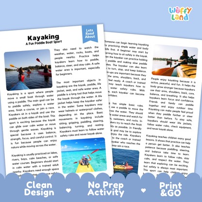 Kayaking Sports Reading Passages and Comprehension Questions Worksheets