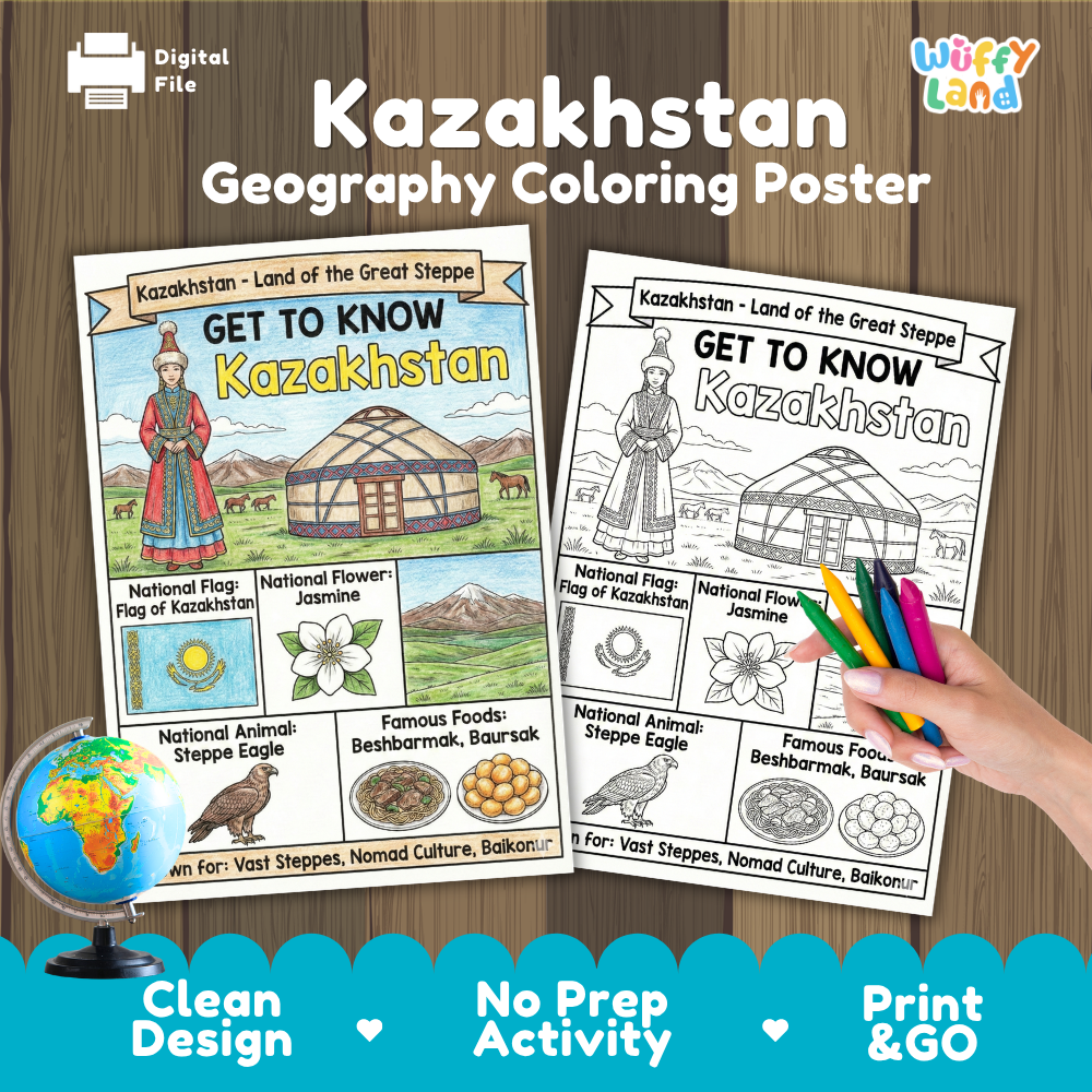 Get to know Kazakhstan coloring poster paired with photo flashcards of Khoja Ahmed Yasawi Mausoleum, Tian Shan Mountains, Medeu Ice Rink, and Beshbarmak