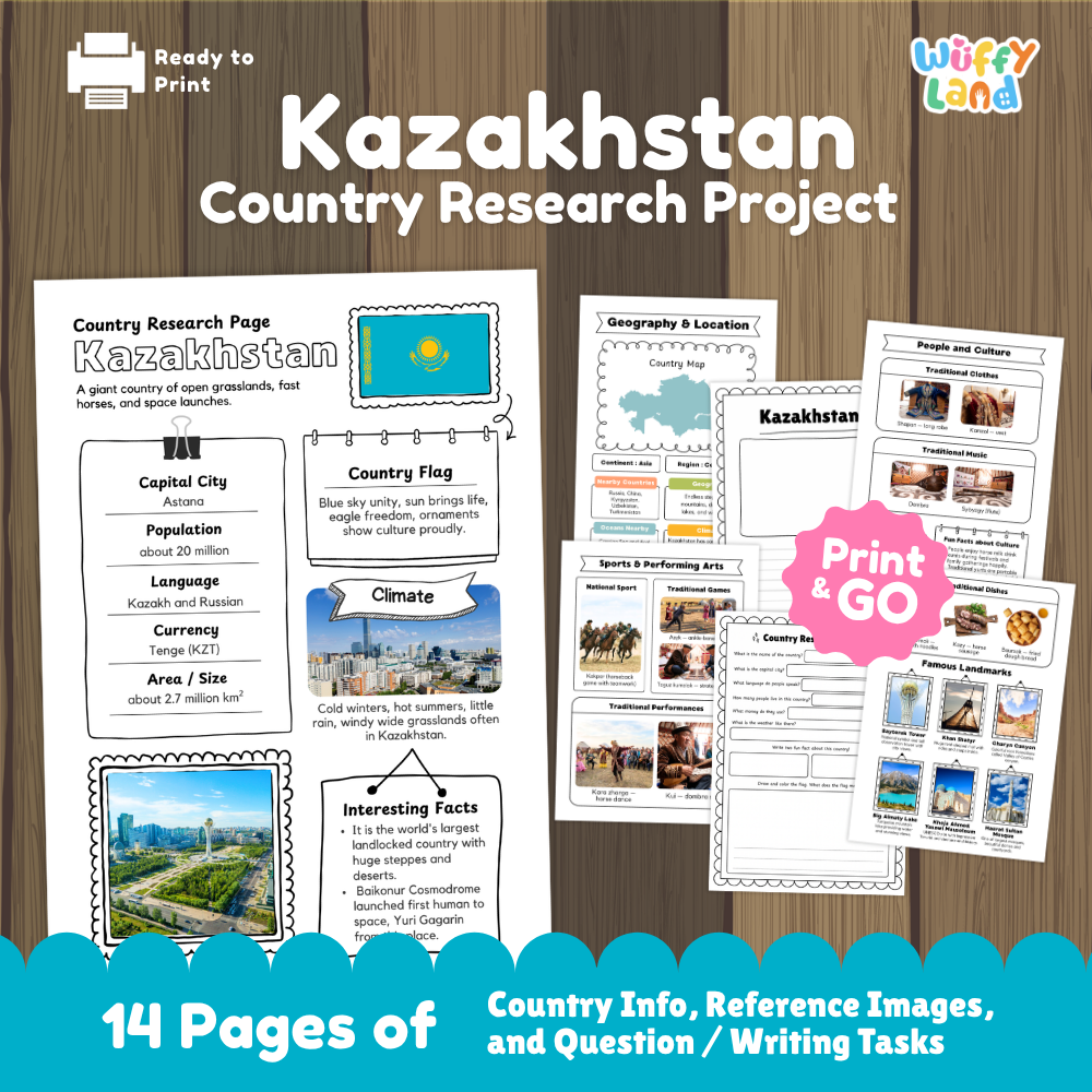 Student country research worksheet on Kazakhstan featuring national flag, Astana capital facts, continental climate, and geography map