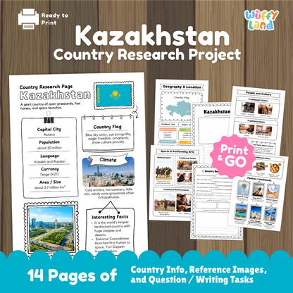 Student country research worksheet on Kazakhstan featuring national flag, Astana capital facts, continental climate, and geography map