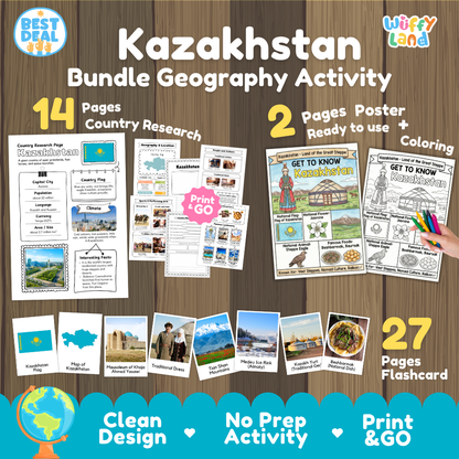 Kazakhstan geography activity bundle cover showing 14 country research pages, 2 ready to use coloring posters, and 27 photo flashcards