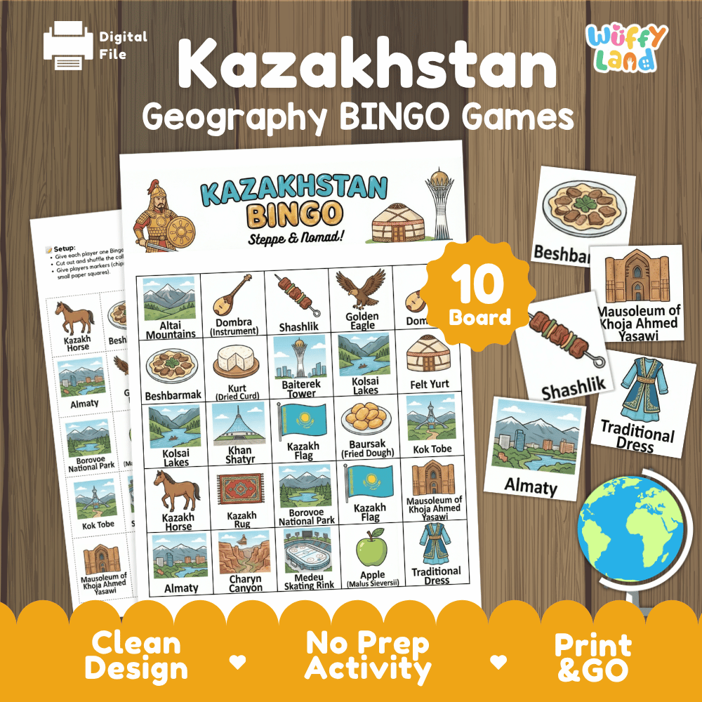 Kazakhstan Geography BINGO Games Printable Activity Boards