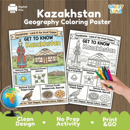 Kazakhstan Geography Coloring Poster | Country Study Research Worksheet Activity