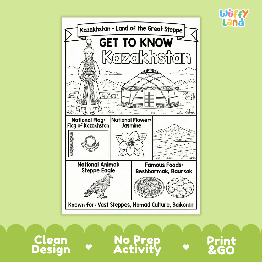Kazakhstan Geography Coloring Poster | Country Study Research Worksheet Activity