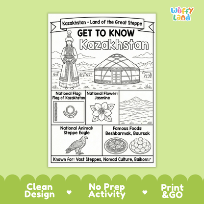 Kazakhstan Geography Coloring Poster | Country Study Research Worksheet Activity