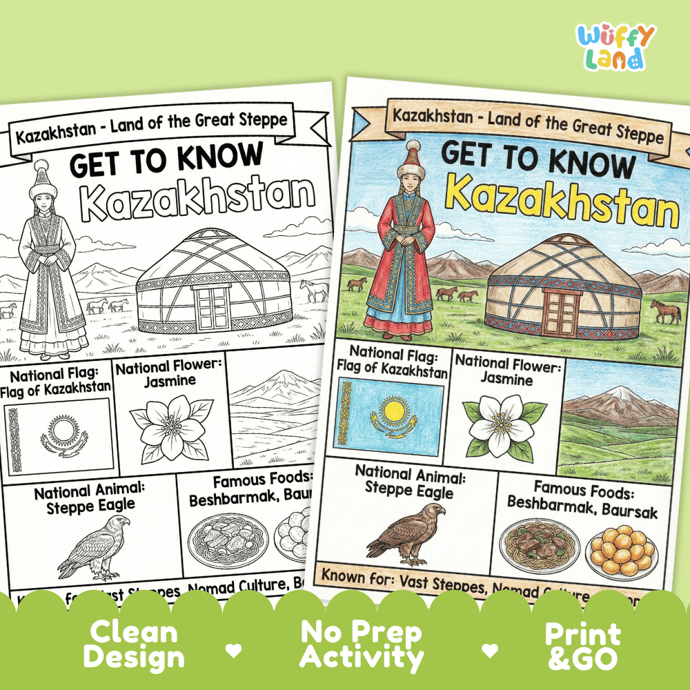 Kazakhstan Geography Coloring Poster | Country Study Research Worksheet Activity