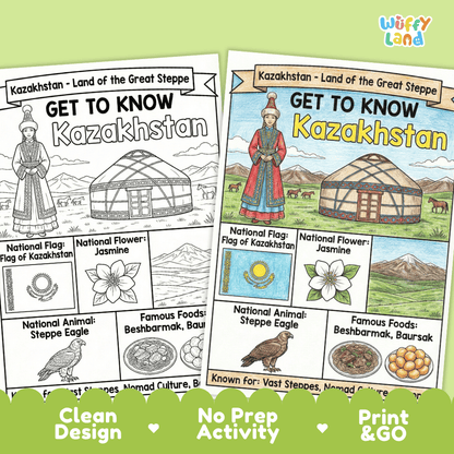Kazakhstan Geography Coloring Poster | Country Study Research Worksheet Activity