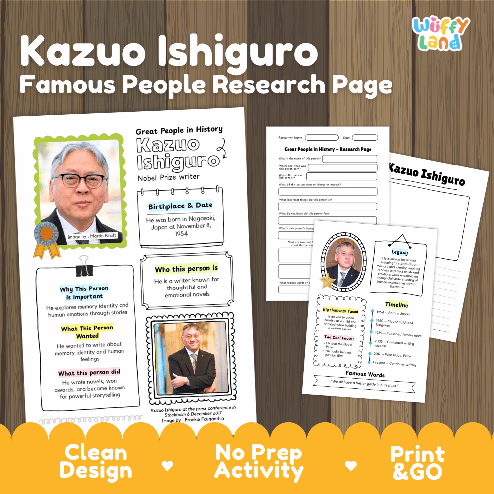 Kazuo Ishiguro biography research worksheets pack featuring graphic organizers, timeline activity, and student writing template