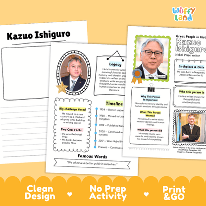 Great People in History student fact profile card detailing Kazuo Ishiguro's birthplace, writing career, and Nobel Prize win