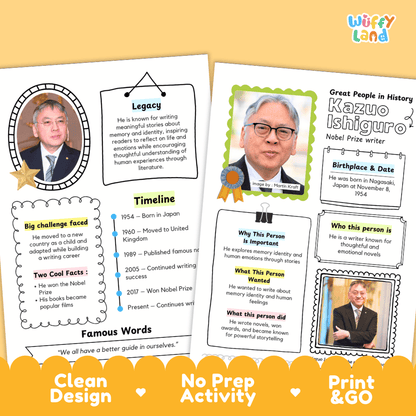 Educational biography summary worksheet featuring a chronological timeline, famous quote, and lined student writing page