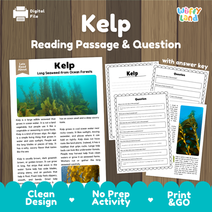 Kelp reading comprehension passage and questions printable activity pack with answer key for elementary students