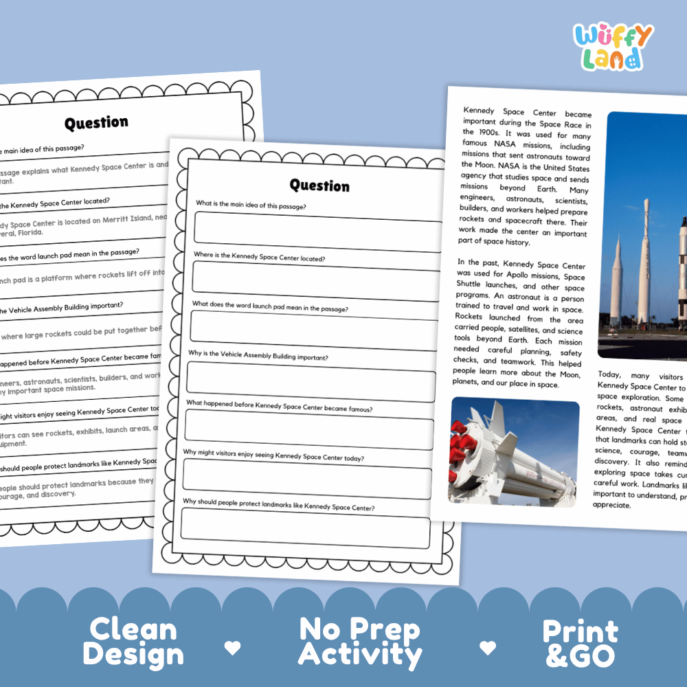 Student reading passage titled A Space Landmark in Florida detailing NASA rockets, Apollo missions, and Merritt Island launch facilities