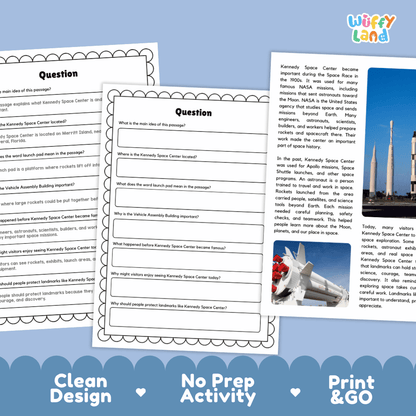 Student reading passage titled A Space Landmark in Florida detailing NASA rockets, Apollo missions, and Merritt Island launch facilities
