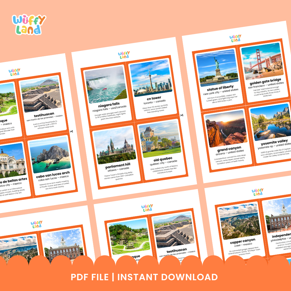 Flashcards featuring Kennedy Space Center, Crater Lake National Park, and the Golden Gate Bridge with fun facts