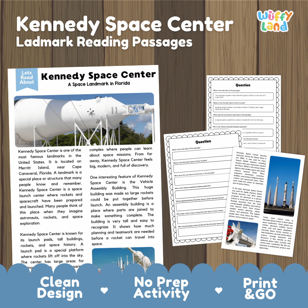 Kennedy Space Center landmark reading passages educational study unit featuring nonfiction reading worksheets and authentic rocket photography