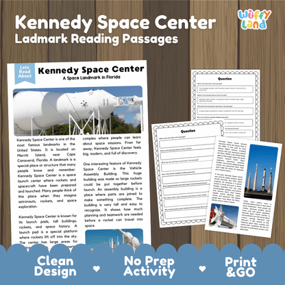 Kennedy Space Center landmark reading passages educational study unit featuring nonfiction reading worksheets and authentic rocket photography