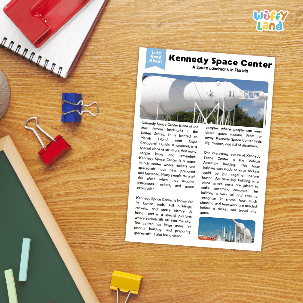 Lined reading comprehension question worksheet covering main ideas, vocabulary terms, and landmark facts about Kennedy Space Center