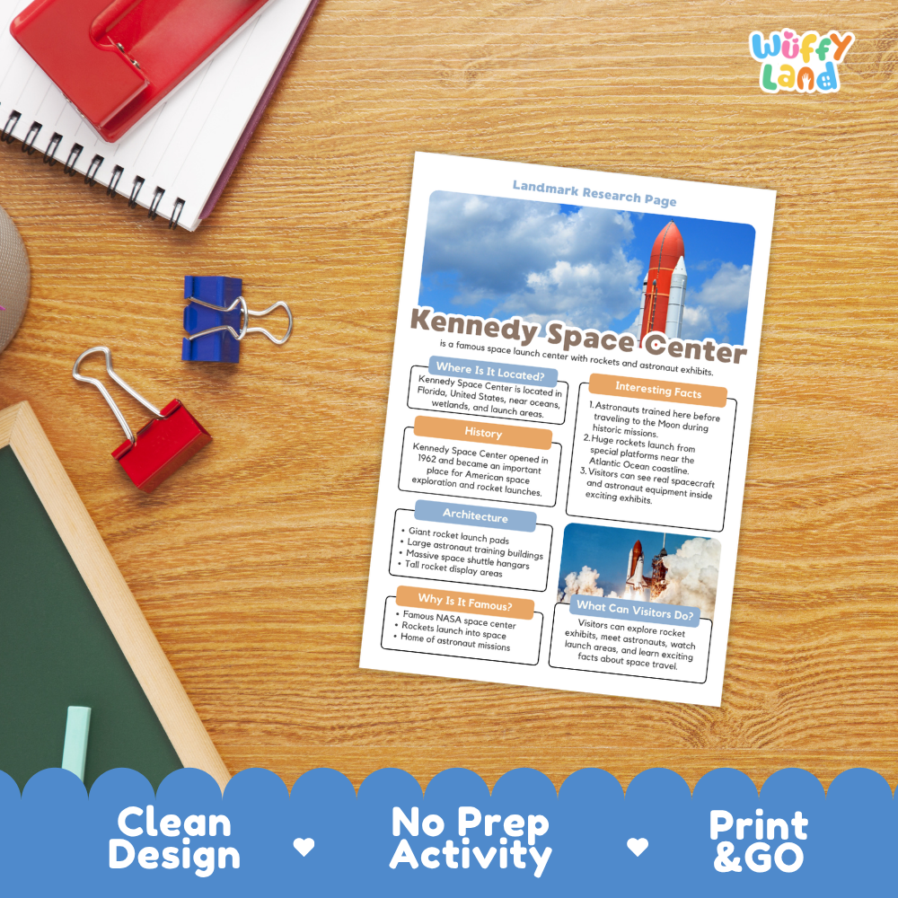 Kennedy Space Center Landmark Research Project Worksheets and Fact Page Activity