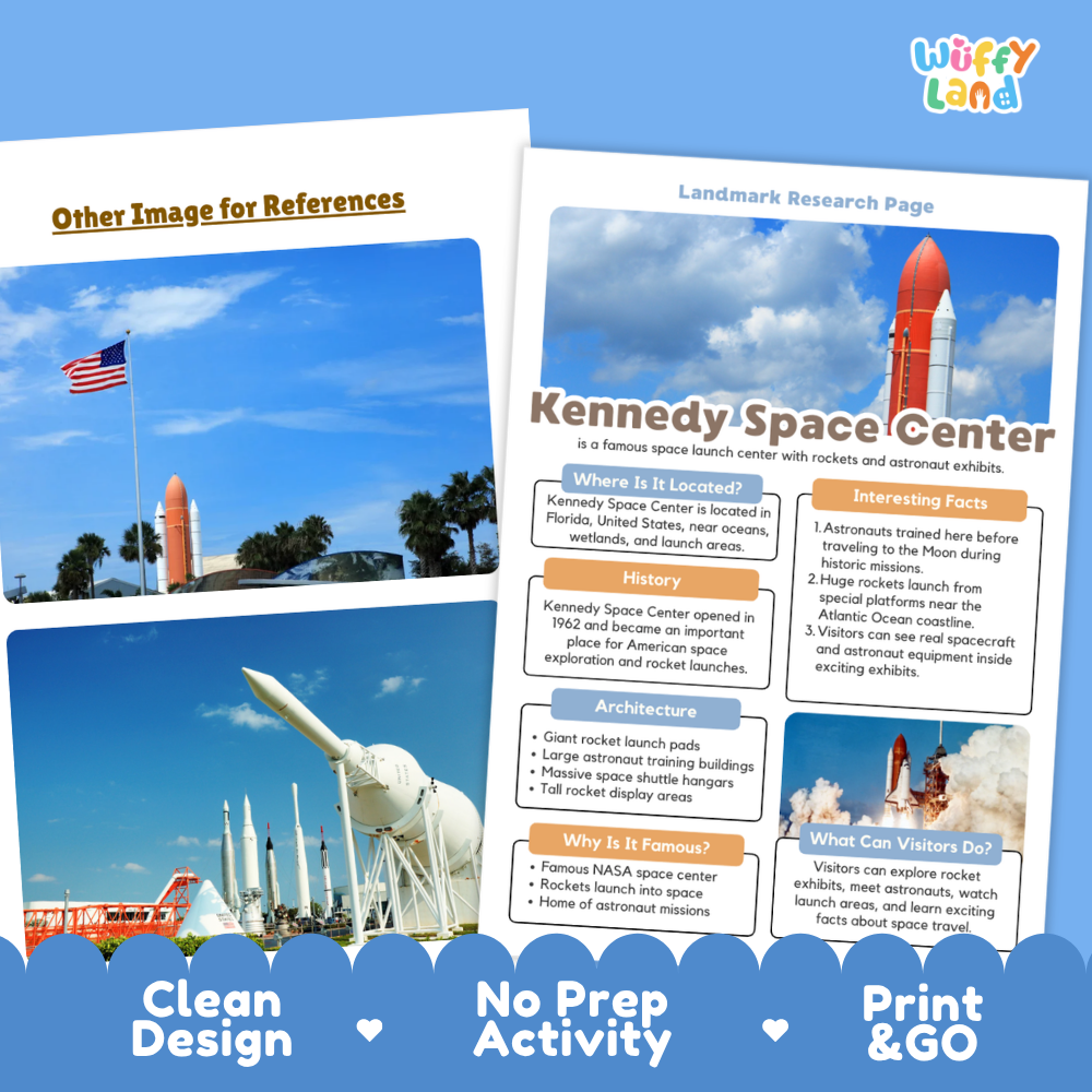 Kennedy Space Center Landmark Research Project Worksheets and Fact Page Activity
