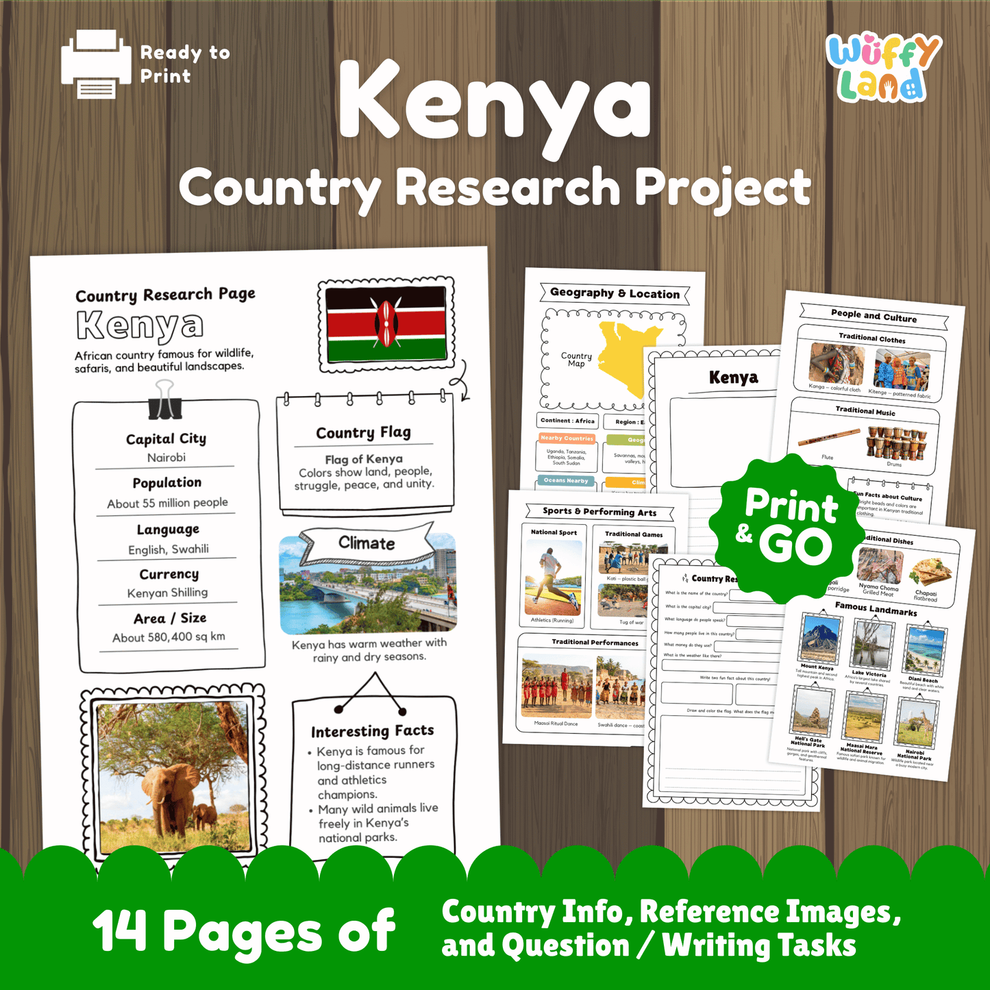 Printable Kenya country research project for kids, featuring an overview page with essential facts such as the capital city, population, language, climate, and flag. Includes additional worksheets on geography and location, people and culture, sports and performing arts, famous landmarks, and a student research page designed for learning about Kenya in a fun and educational way. Perfect for classroom or homeschool use.