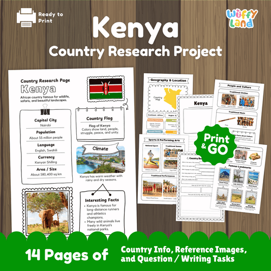 Printable Kenya country research project for kids, featuring an overview page with essential facts such as the capital city, population, language, climate, and flag. Includes additional worksheets on geography and location, people and culture, sports and performing arts, famous landmarks, and a student research page designed for learning about Kenya in a fun and educational way. Perfect for classroom or homeschool use.
