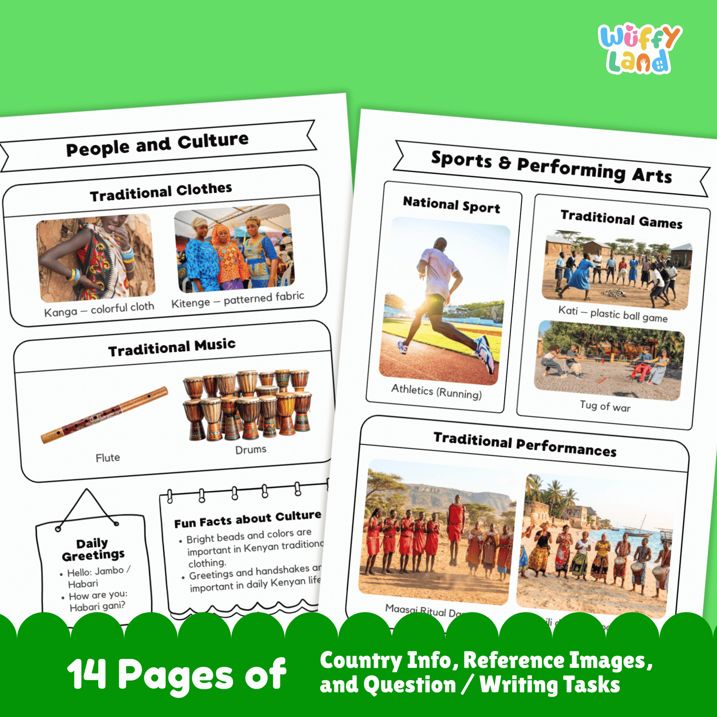 Printable Kenya country research project for kids, featuring an overview page with essential facts such as the capital city, population, language, climate, and flag. Includes additional worksheets on geography and location, people and culture, sports and performing arts, famous landmarks, and a student research page designed for learning about Kenya in a fun and educational way. Perfect for classroom or homeschool use.
