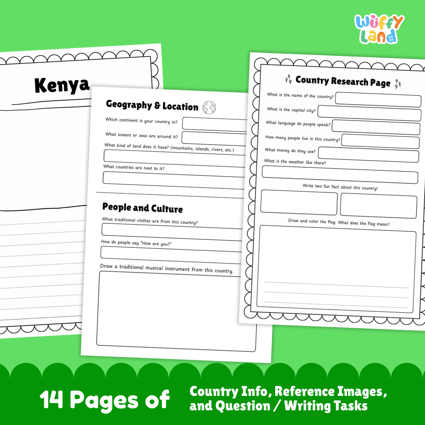 Printable Kenya country research project for kids, featuring an overview page with essential facts such as the capital city, population, language, climate, and flag. Includes additional worksheets on geography and location, people and culture, sports and performing arts, famous landmarks, and a student research page designed for learning about Kenya in a fun and educational way. Perfect for classroom or homeschool use.