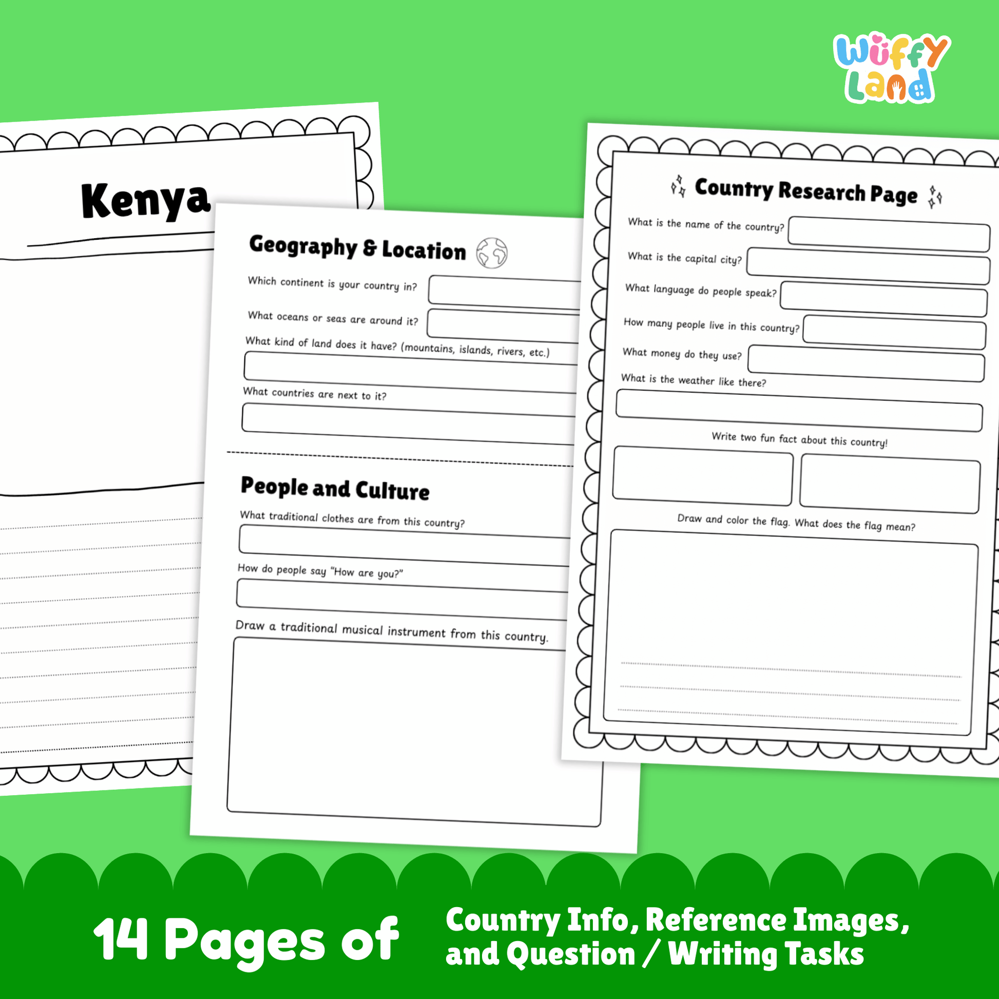 Printable Kenya country research project for kids, featuring an overview page with essential facts such as the capital city, population, language, climate, and flag. Includes additional worksheets on geography and location, people and culture, sports and performing arts, famous landmarks, and a student research page designed for learning about Kenya in a fun and educational way. Perfect for classroom or homeschool use.