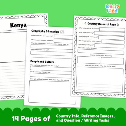 Printable Kenya country research project for kids, featuring an overview page with essential facts such as the capital city, population, language, climate, and flag. Includes additional worksheets on geography and location, people and culture, sports and performing arts, famous landmarks, and a student research page designed for learning about Kenya in a fun and educational way. Perfect for classroom or homeschool use.