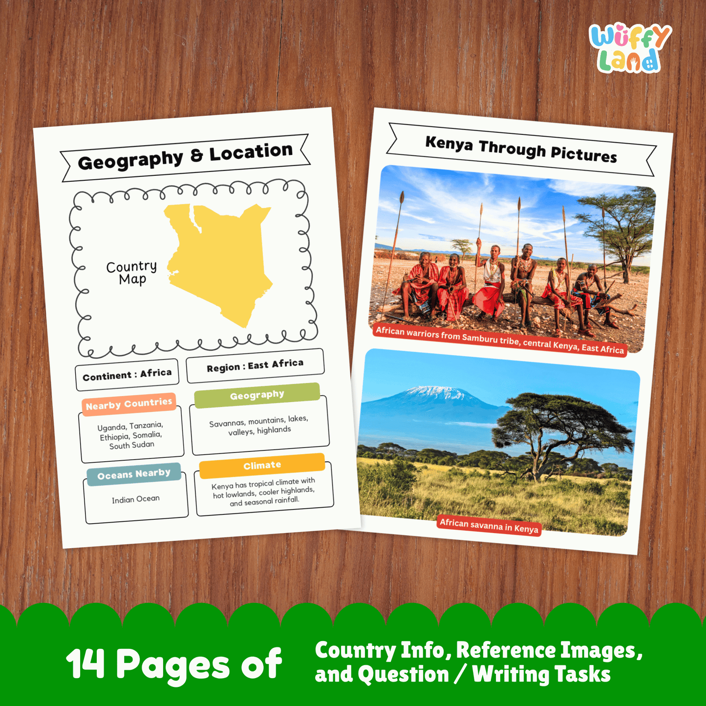 Printable Kenya country research project for kids, featuring an overview page with essential facts such as the capital city, population, language, climate, and flag. Includes additional worksheets on geography and location, people and culture, sports and performing arts, famous landmarks, and a student research page designed for learning about Kenya in a fun and educational way. Perfect for classroom or homeschool use.