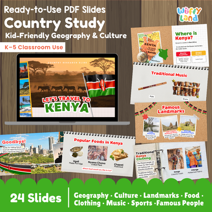 Promotional graphic for a 'Country Study' geography and culture PDF slide set themed around Kenya, showing a laptop mockup, spiral notebook pages, and text highlighting 24 slides for K-5 classroom use. The brand 'Wiffly Land' is visible in the top right corner.