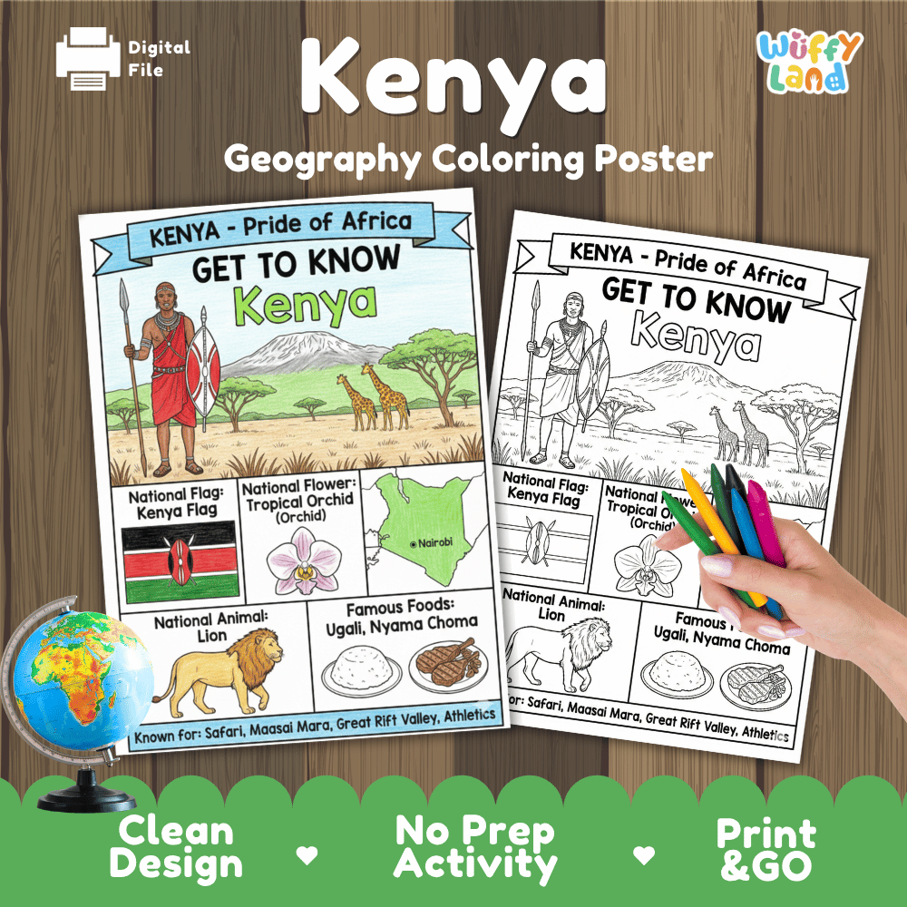 Kenya Geography Coloring Poster and Fact Sheet Printable Worksheets