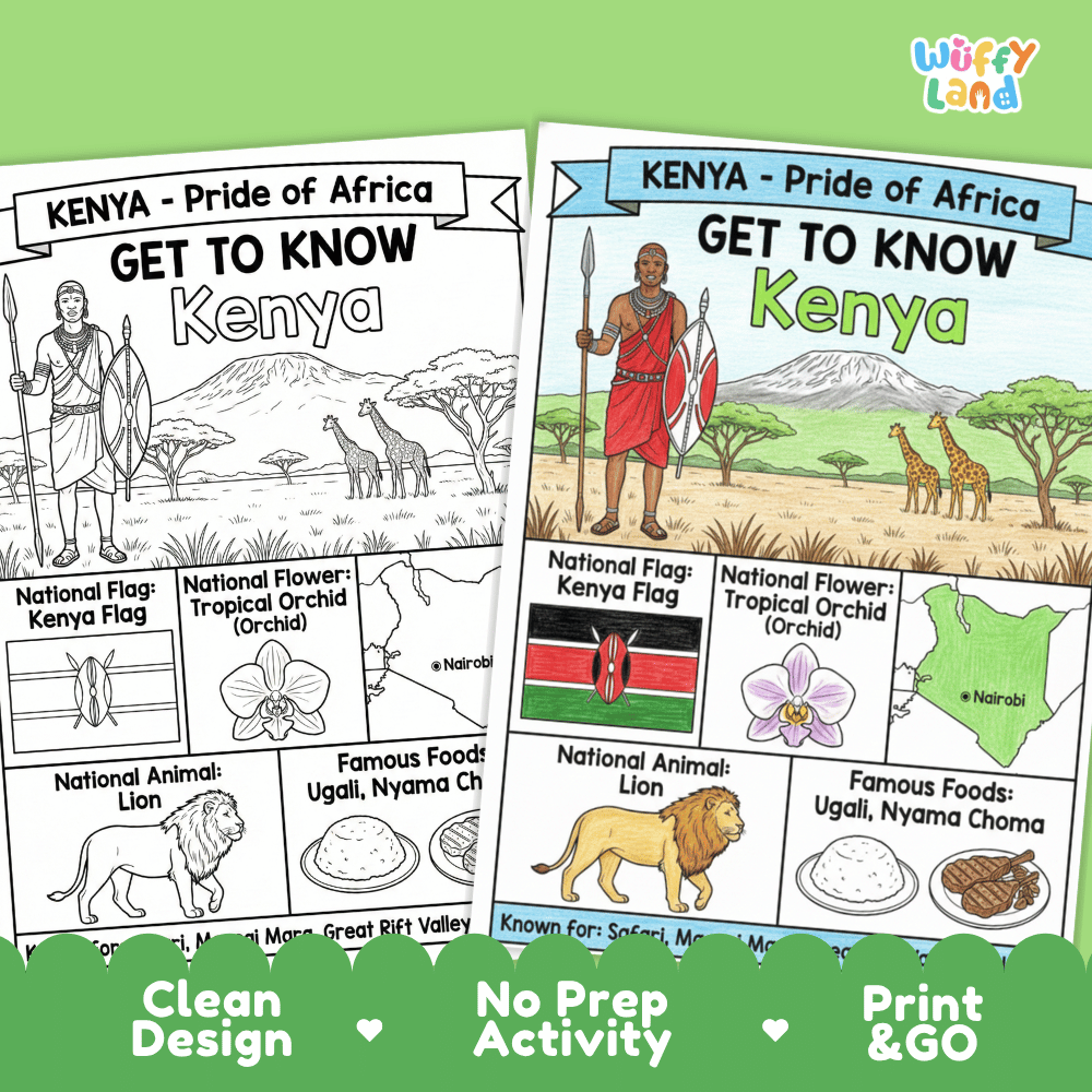 Kenya Geography Coloring Poster and Fact Sheet Printable Worksheets