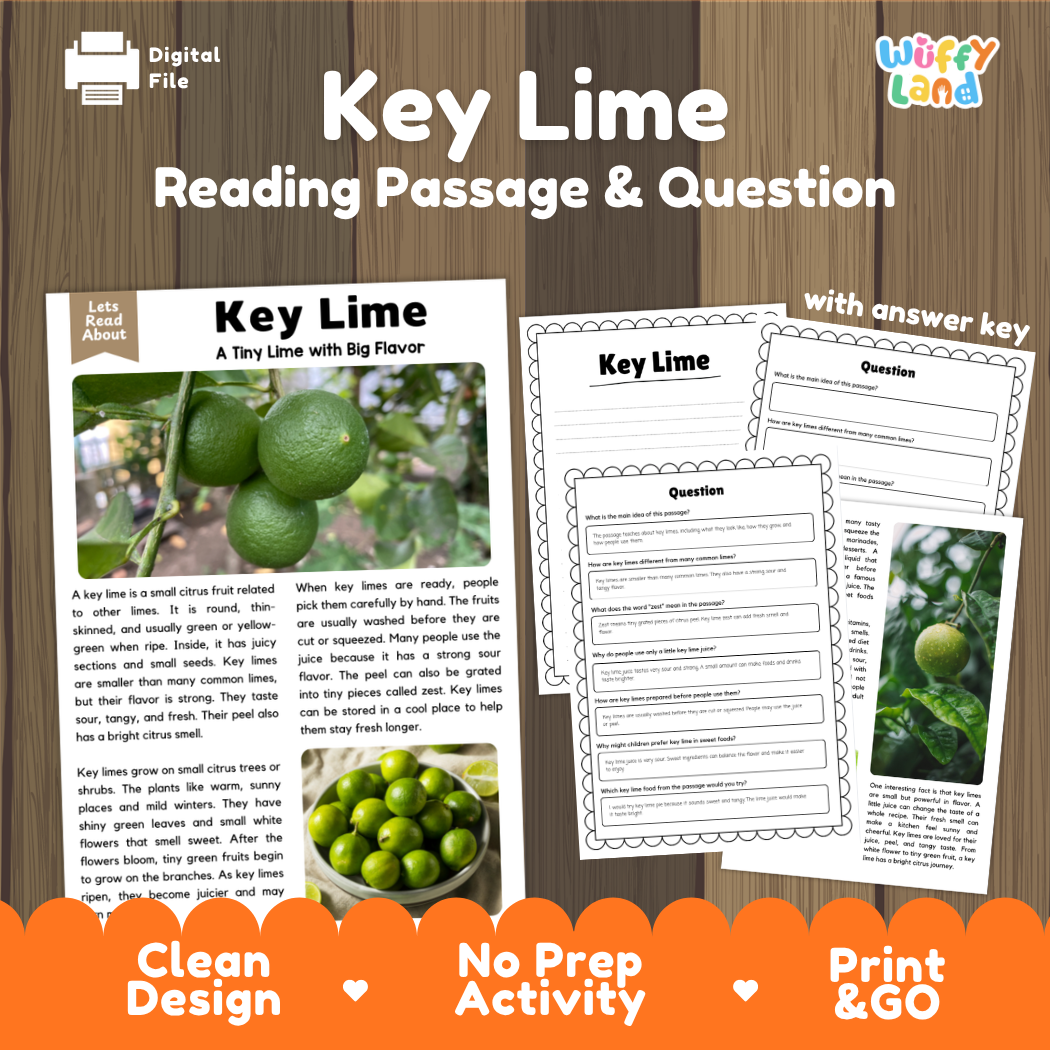 Key lime reading comprehension passage and questions printable activity pack with answer key for elementary students