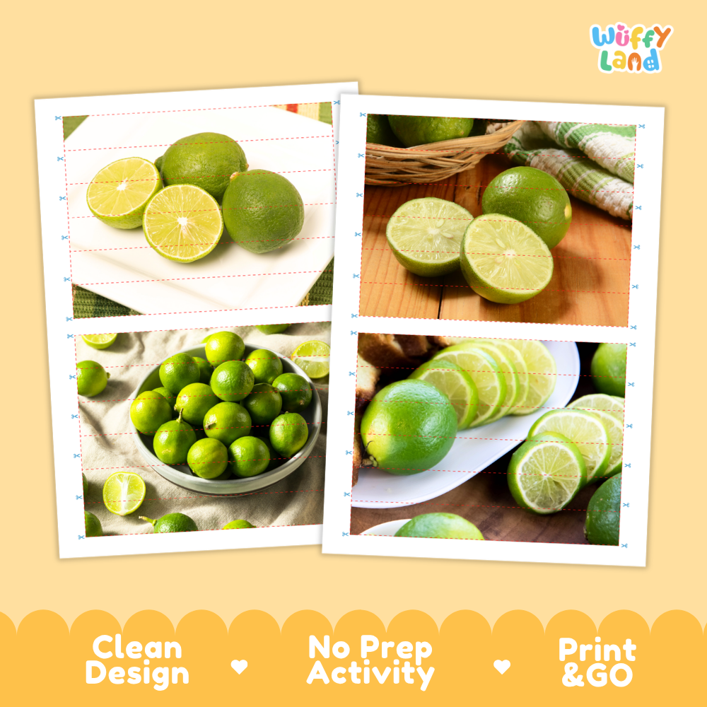 Printable activity sheets featuring photographic Key lime puzzle boards and cutting guides