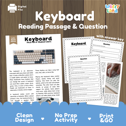 Keyboard reading comprehension passage and questions printable activity pack with answer key for elementary students