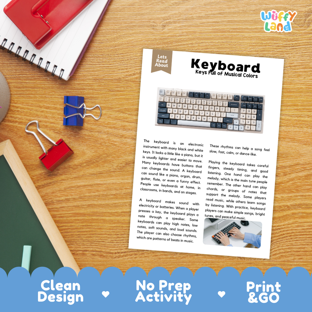 Student reading comprehension worksheet with short-answer questions and lined sections about the keyboard instrument