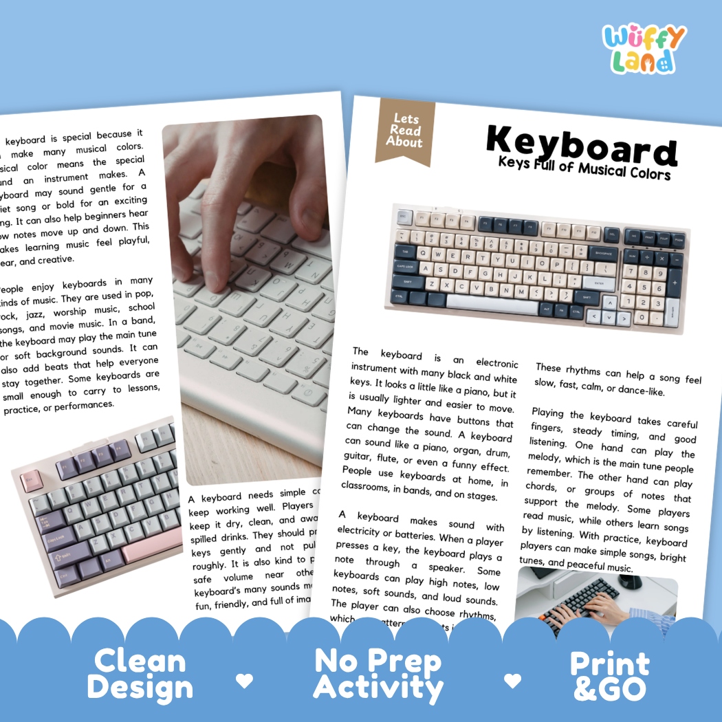 Teacher answer key page showing complete question solutions for Keyboard music education reading comprehension practice
