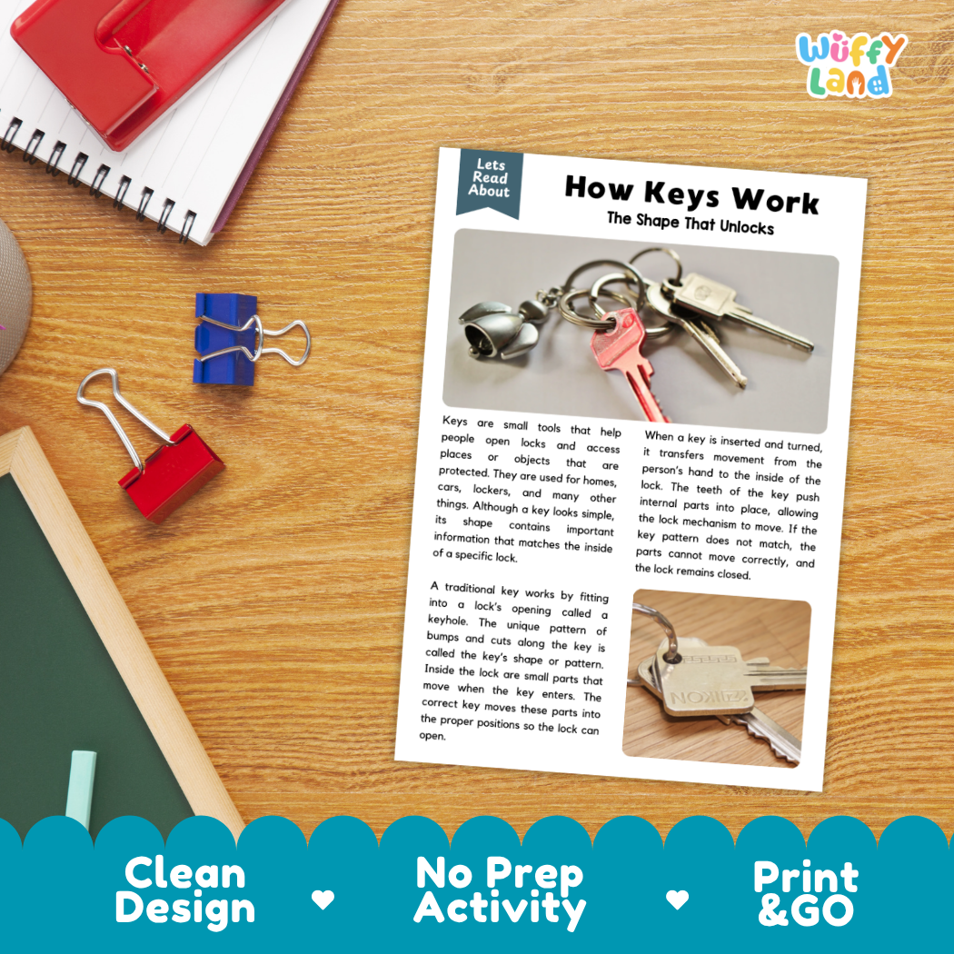 Printable student worksheet with short-answer reading comprehension questions covering keys and simple mechanics