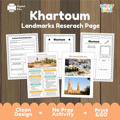 Digital educational activity sheet set titled 'Khartoum Landmarks Researach Page' on a wood-grain background, showing several printable worksheet pages with text fields, labels, and photos of landmarks. Brand logo 'Wiffy Land' appears in the top right, and 'Digital File' is shown in the top left.