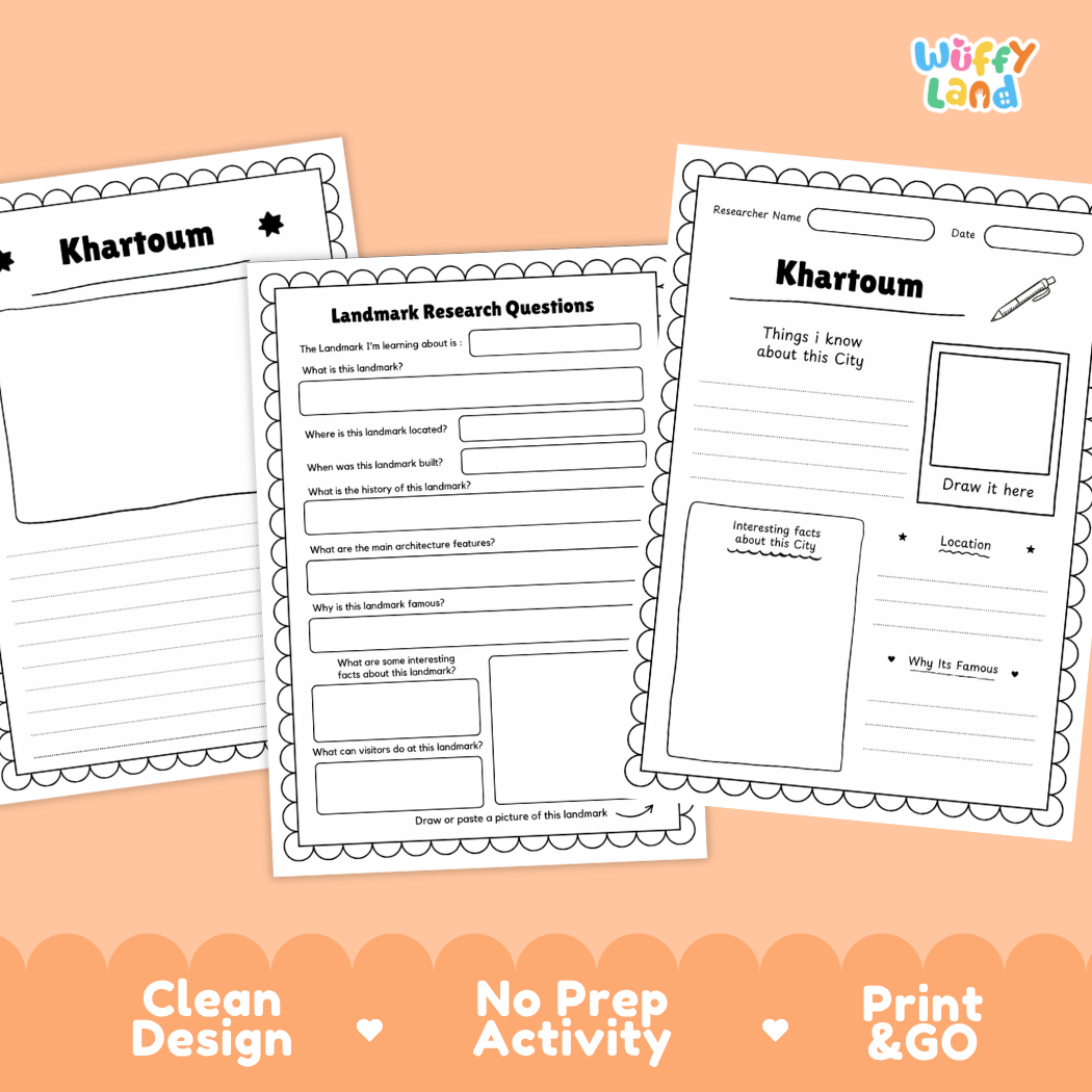 Three printable worksheet pages for learning about Khartoum, shown on a peach background with decorative scalloped accents and the text 'Clean Design', 'No Prep Activity', and 'Print & GO'. The top right shows the brand name 'Wiffly Land'.