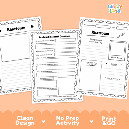 Three printable worksheet pages for learning about Khartoum, shown on a peach background with decorative scalloped accents and the text 'Clean Design', 'No Prep Activity', and 'Print & GO'. The top right shows the brand name 'Wiffly Land'.