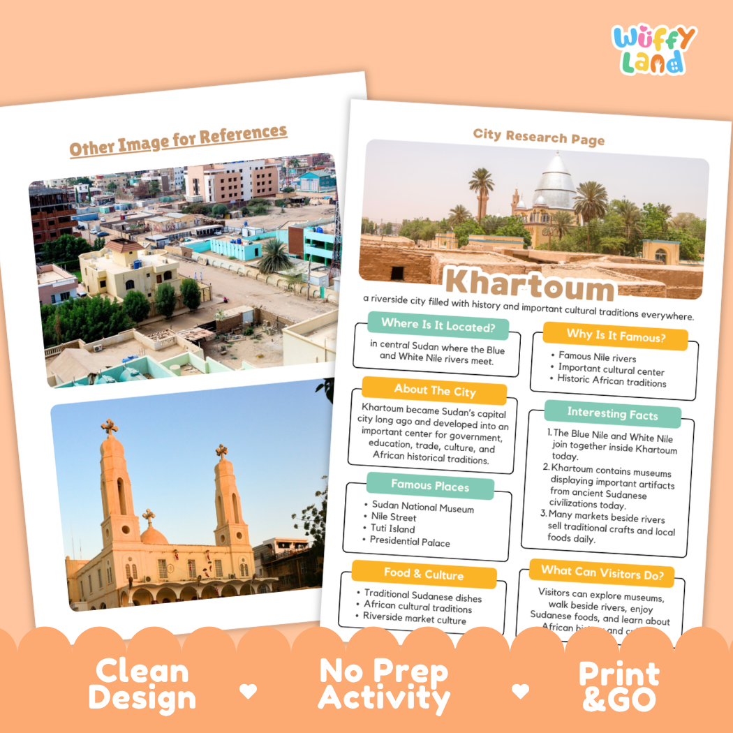 Two educational Khartoum city research posters displayed on a white background, with a 'wiffly land' logo in the top right corner. The posters feature colorful text boxes, historical city photos, and illustrations of the Khartoum cathedral.